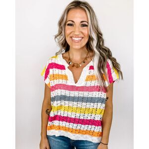 So Me Boutique Stripe Knit Sweater Top Women's M Colorful Rainbow Light Weight